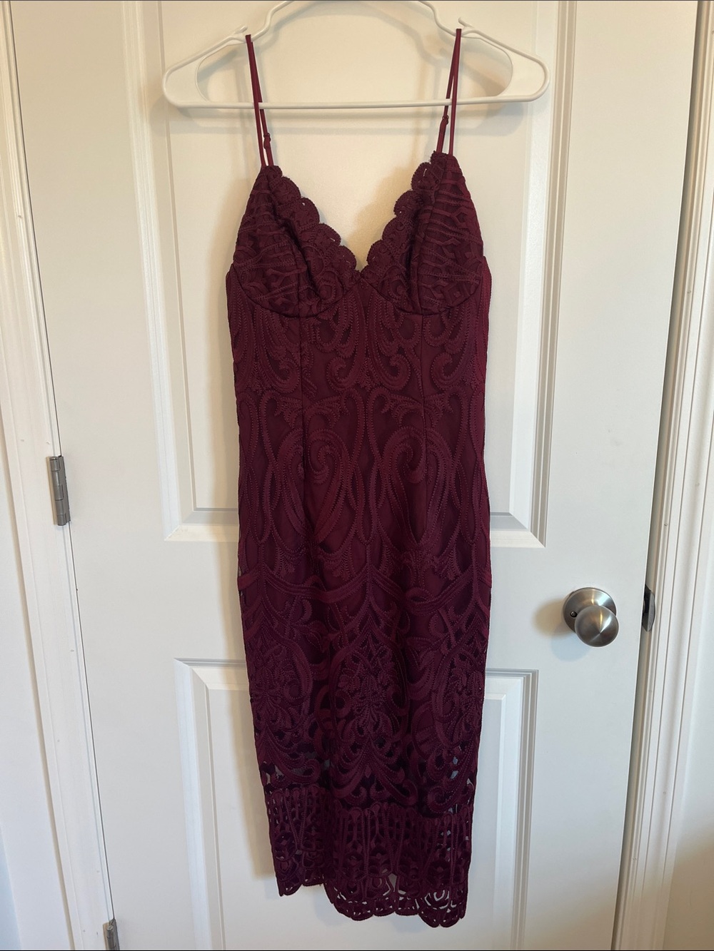 Bardot Wine Lace Dress with Scalloped V-Neckline